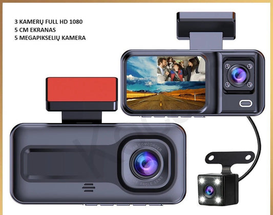 Video registratorius su 3 kameromis plastiko korpusas su integruotu ekranu ir priklijuojamu laikikliu